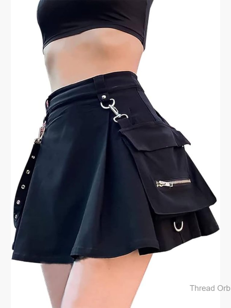 Punk Cargo Mini Skirt With Pockets, Polyester Spandex, High Rise, Regular Fit